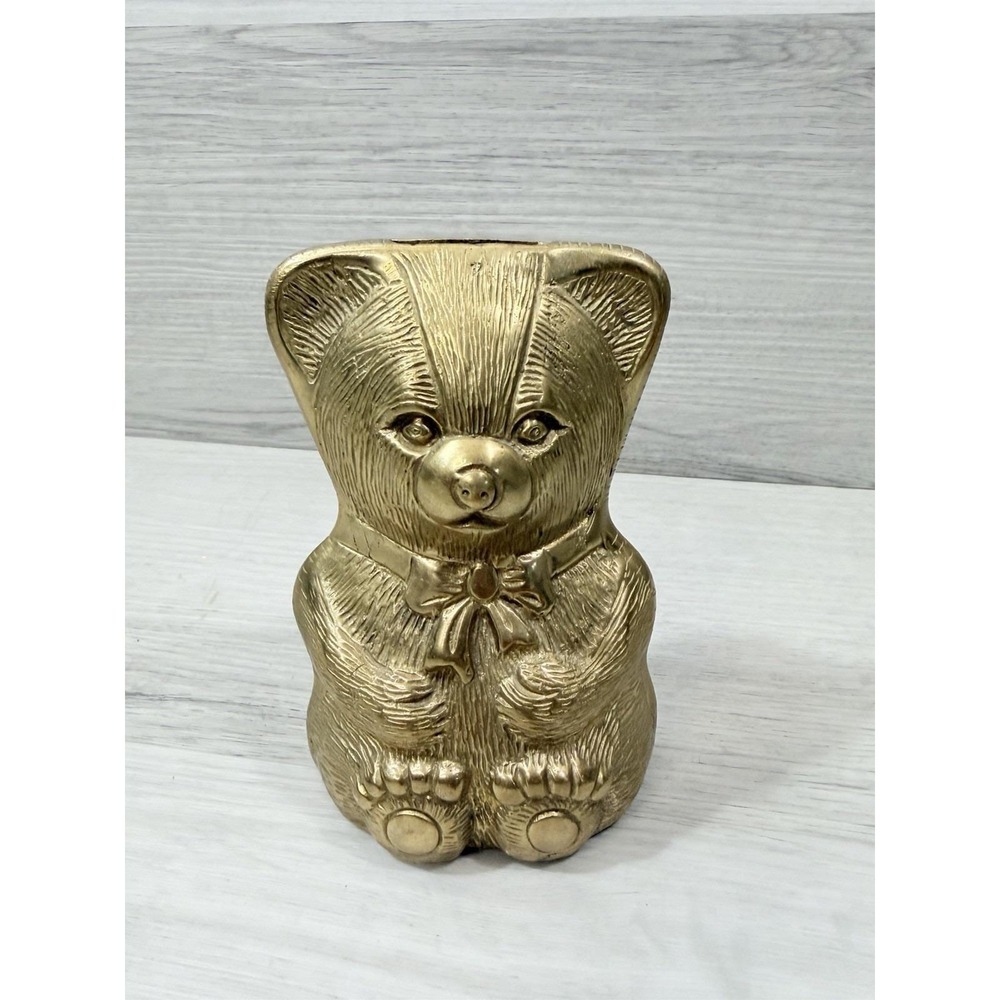 Solid Brass Teddy Bear Coin Bank 5" Made In India Heavy Brass MCM